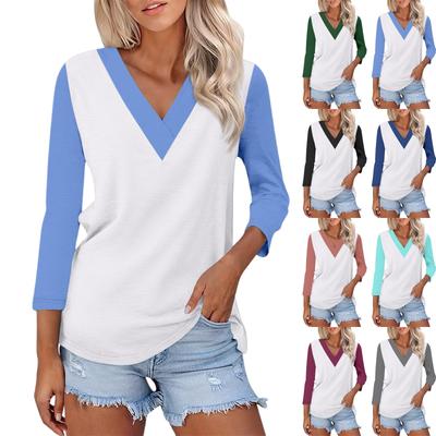 Women's Casual Fashion Sexy Comfortable V-neck Stitching Color Three-quarter Sleeve Top