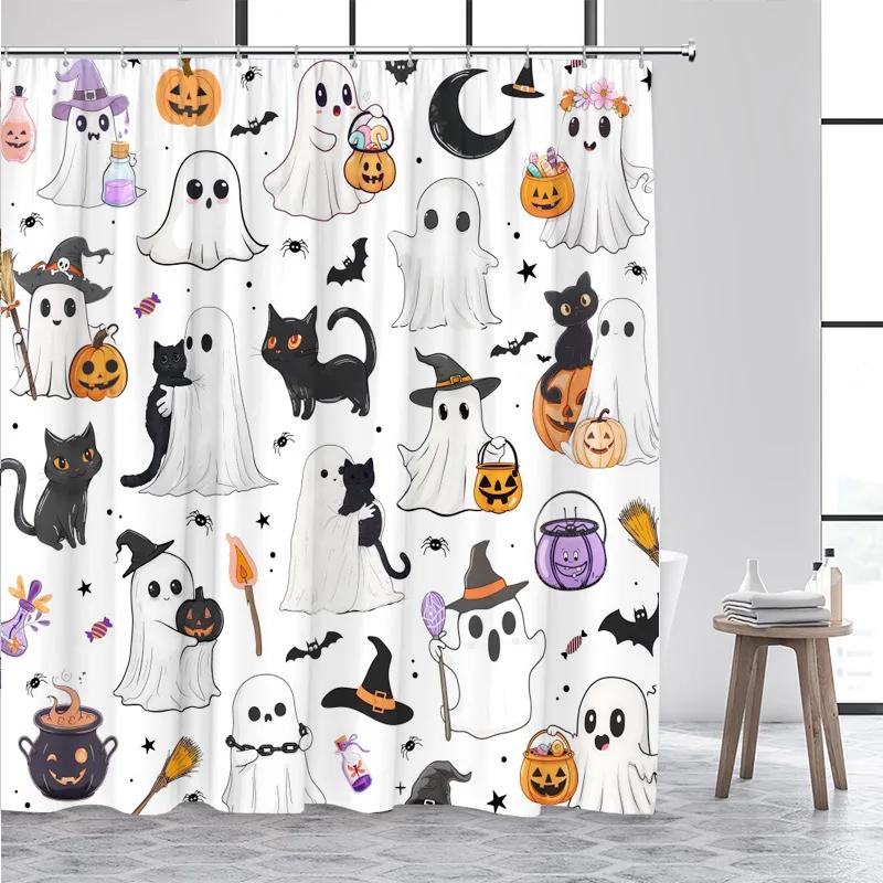 Funny Bathing White Ghost Shower Curtain Watercolour Floral Plant Starry Night Halloween Bath Curtain Fabric Home Bathroom Decor