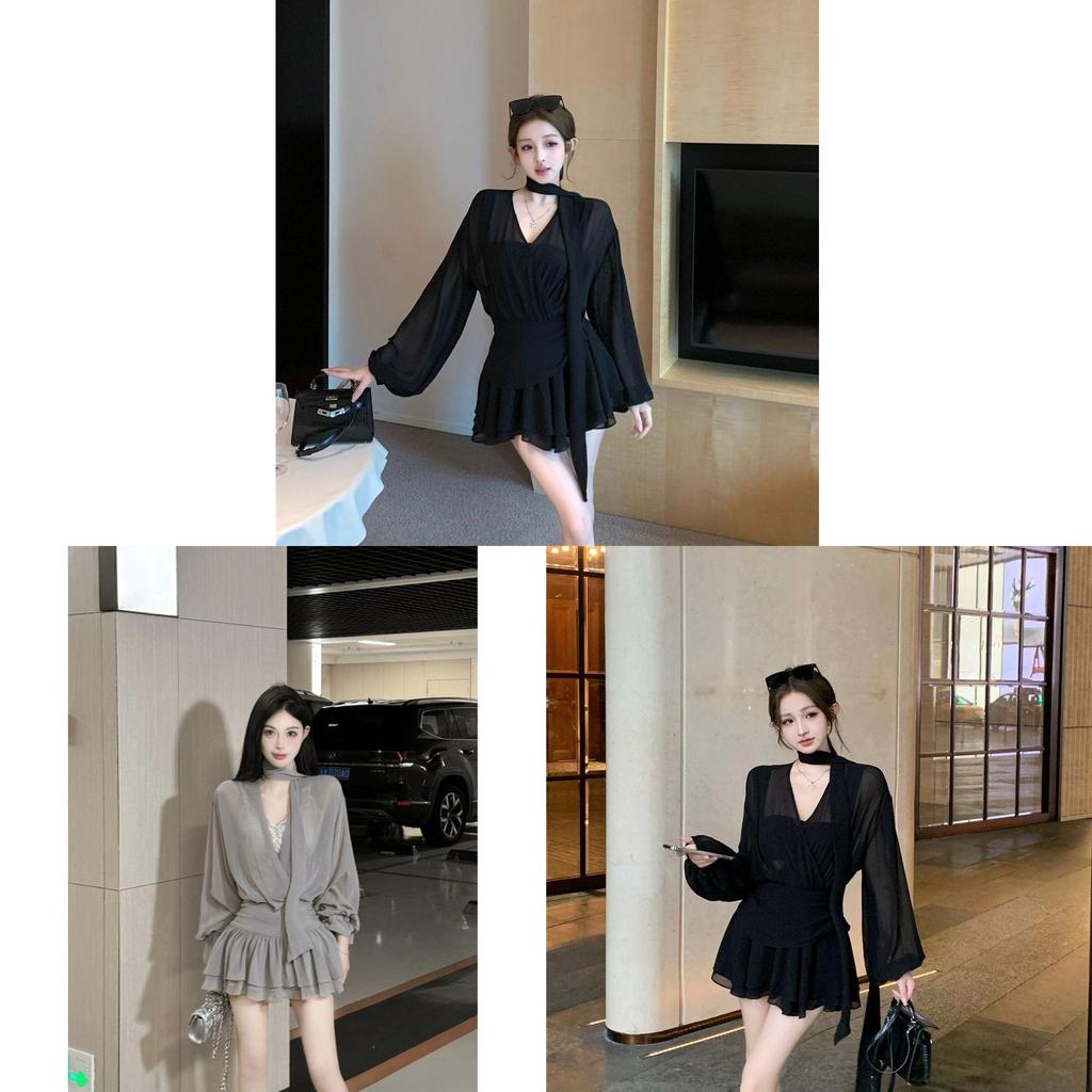 Womens Black Chiffon Long Sleeve Dress With Splicing Design For Autumn Elegant Look