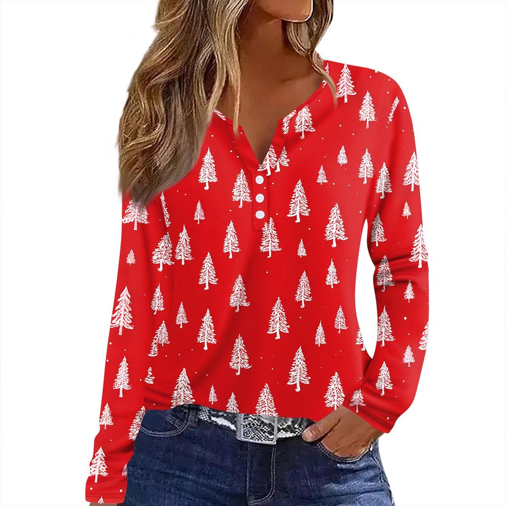 Damen T-Shirt mit Weihnachtsdruck, Knopfleiste, lange Ärmel, für den Alltag, Wochenende, modisch, Basic, V-Ausschnitt, normales Oberteil