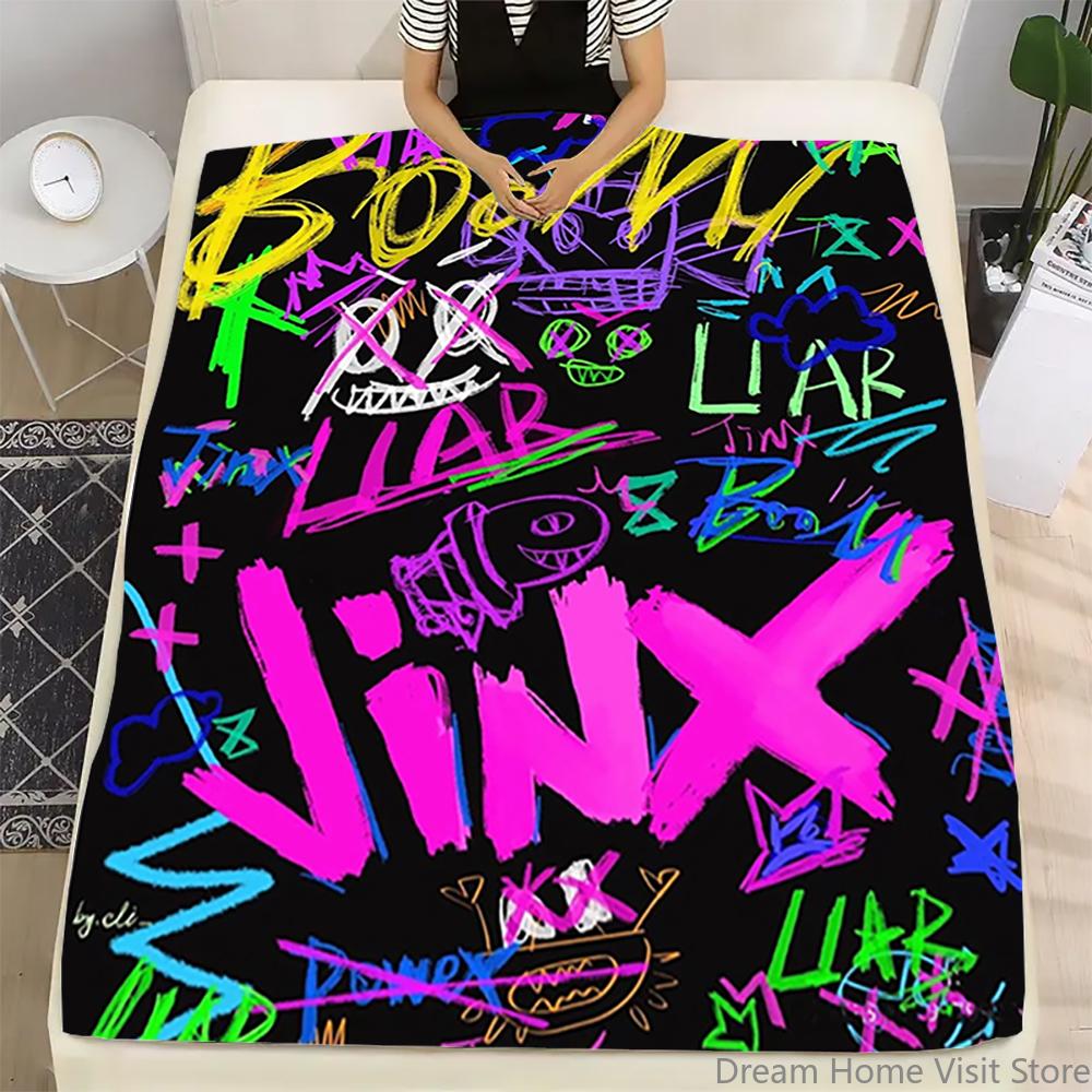 1PC Contemporary Graffiti Style Flannel Throw Blanket, Jinx & Boom Character Print, Multipurpose for Couch, Bed,Travel & Camping