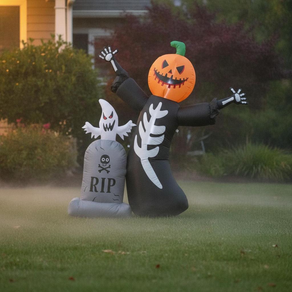 Inflatable Skeleton with Pumpkin Head Freestanding Tombstone Specters Spooky