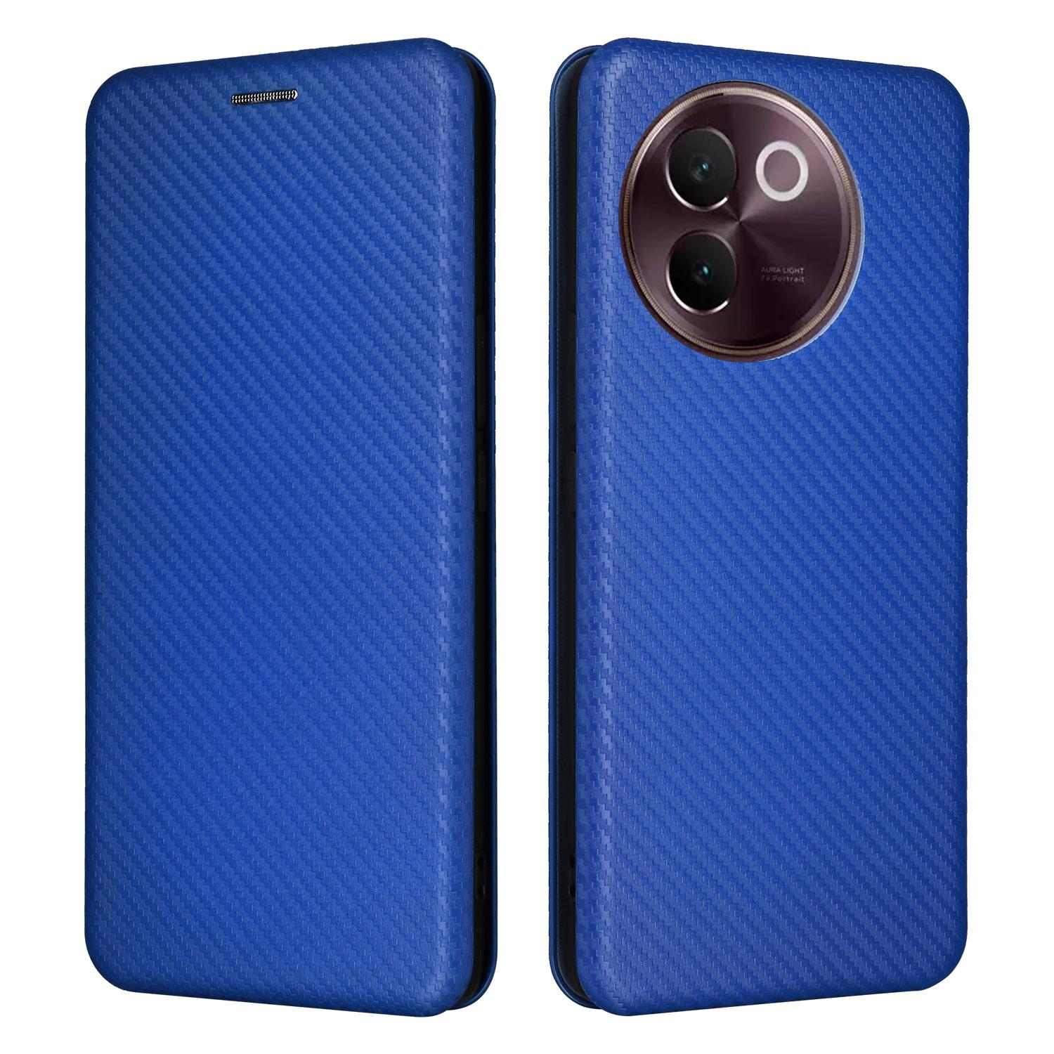 

For vivo V30e 5G Case Card Slots Stand Carbon Fiber Texture Leather Cover Blue