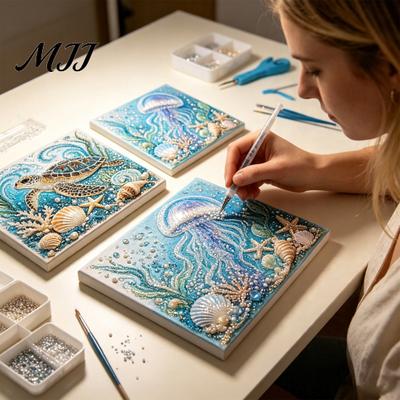 DIY Küsten-Wanddekoration Meeresschildkröte Oktopus 3D Perlenmalerei-Set, Ozean-Thema Diamantmalerei Entspannende Bastelsets für Erwachsene Set für Erwachsene Anfänger,