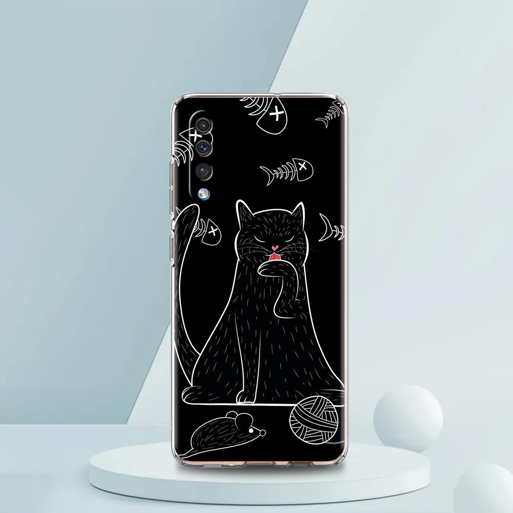 Чорний Кіт Мультяшний Милий Чохол Для Samsung A54 A52 A50 A70 A30 A40 A20S A20E A02S A12 A14 A22 A42 A72 A34 A32 5G A04s Прозорий Чохол