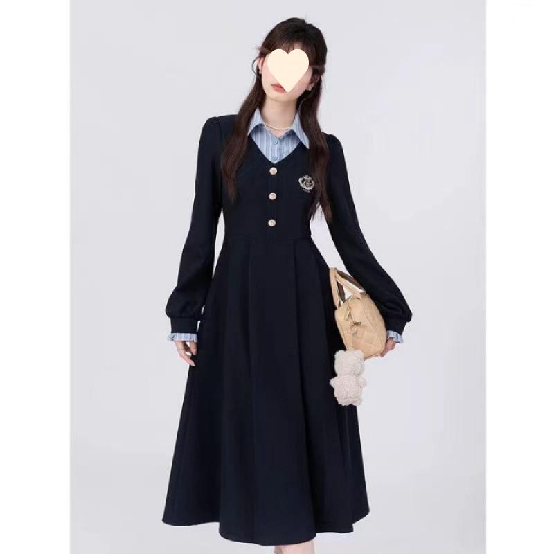 

College style splicing fake two-piece dress for women s spring and autumn new high-end waist and thin exquisite long skirt S