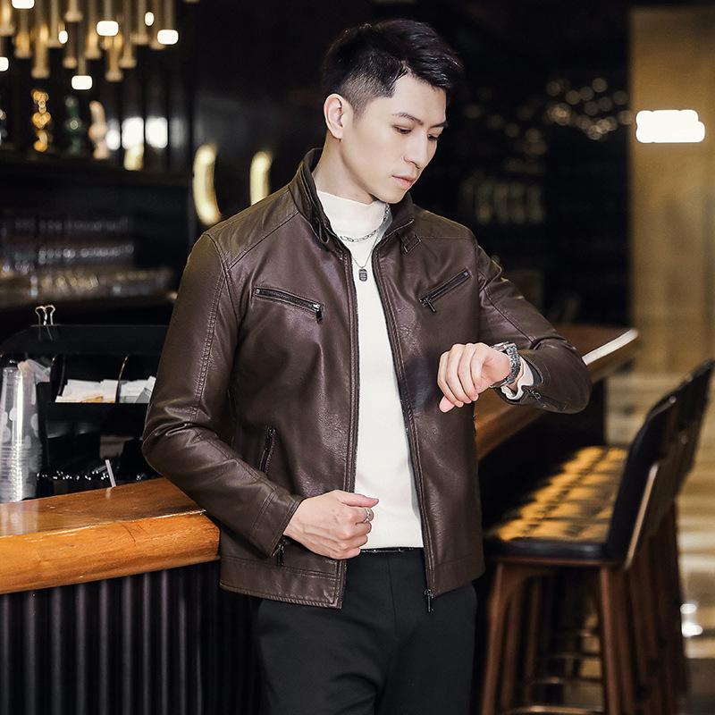 Men's leather jacket jacket autumn and winter trend handsome new casual stand-up collar leather jacket men's slim trendy brand