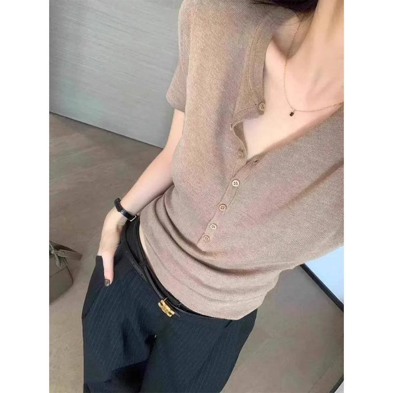 Women's Elegant Deep V Neck Short Sleeve Button Down Slim Fit Knit Top Casual Solid Color Basic Tee