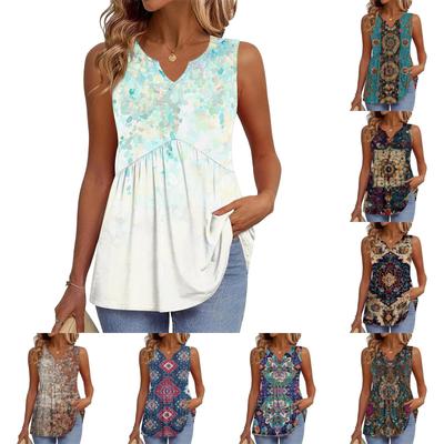 Women's Fashionable New Retro Floral Textured V-neck Loose Casual Flowy Sleeveless Vest Top
