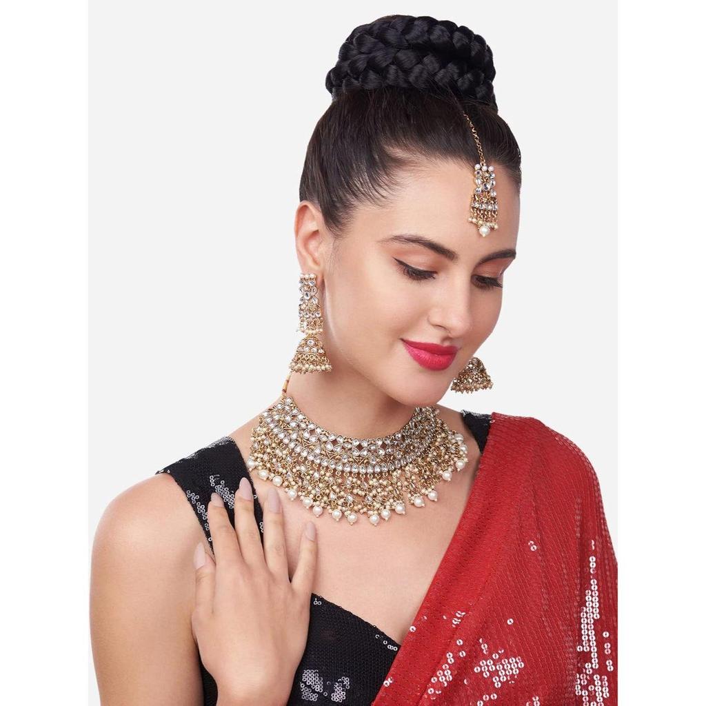 Tone Kundan & Pearls Bridal Choker Necklace Set For Women