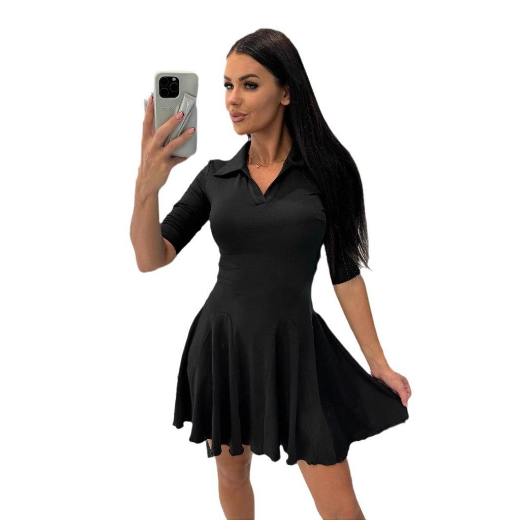 Dress Spring and Autumn Women's New Solid Color Waist Long Sleeve Lapel Skirt