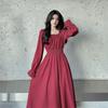 French Retro Square Collar Long Sleeve Dress Elastic High Waist A-line Skirt Temperament Gentle Slim Skirt Princess Dress