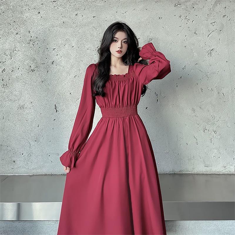 French Retro Square Collar Long Sleeve Dress Elastic High Waist A-line Skirt Temperament Gentle Slim Skirt Princess Dress