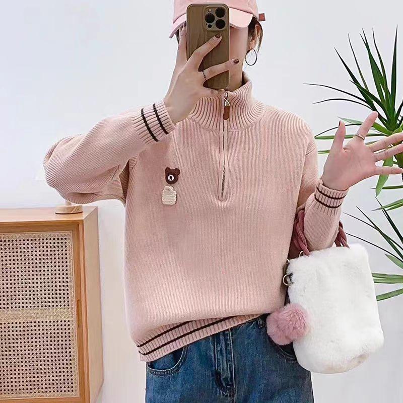 

Autumn and winter new thickened semi-zipper solid color knitted pullover sweater women s fashion versatile and thin outerwear top one size fits all
