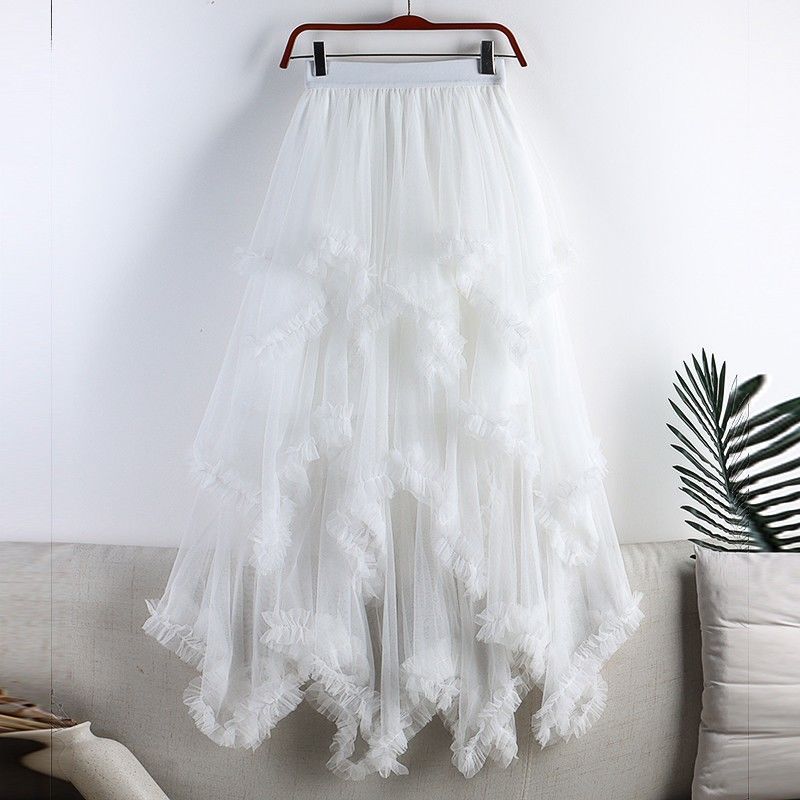 Women's Summer High-Waisted Asymmetric Midi A-Line Mesh Skirt Sweet Tiered Skirt Half-Skirt