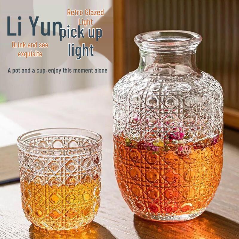 Retro Iridescent Embossed Glass Water Pitcher and Cup Set