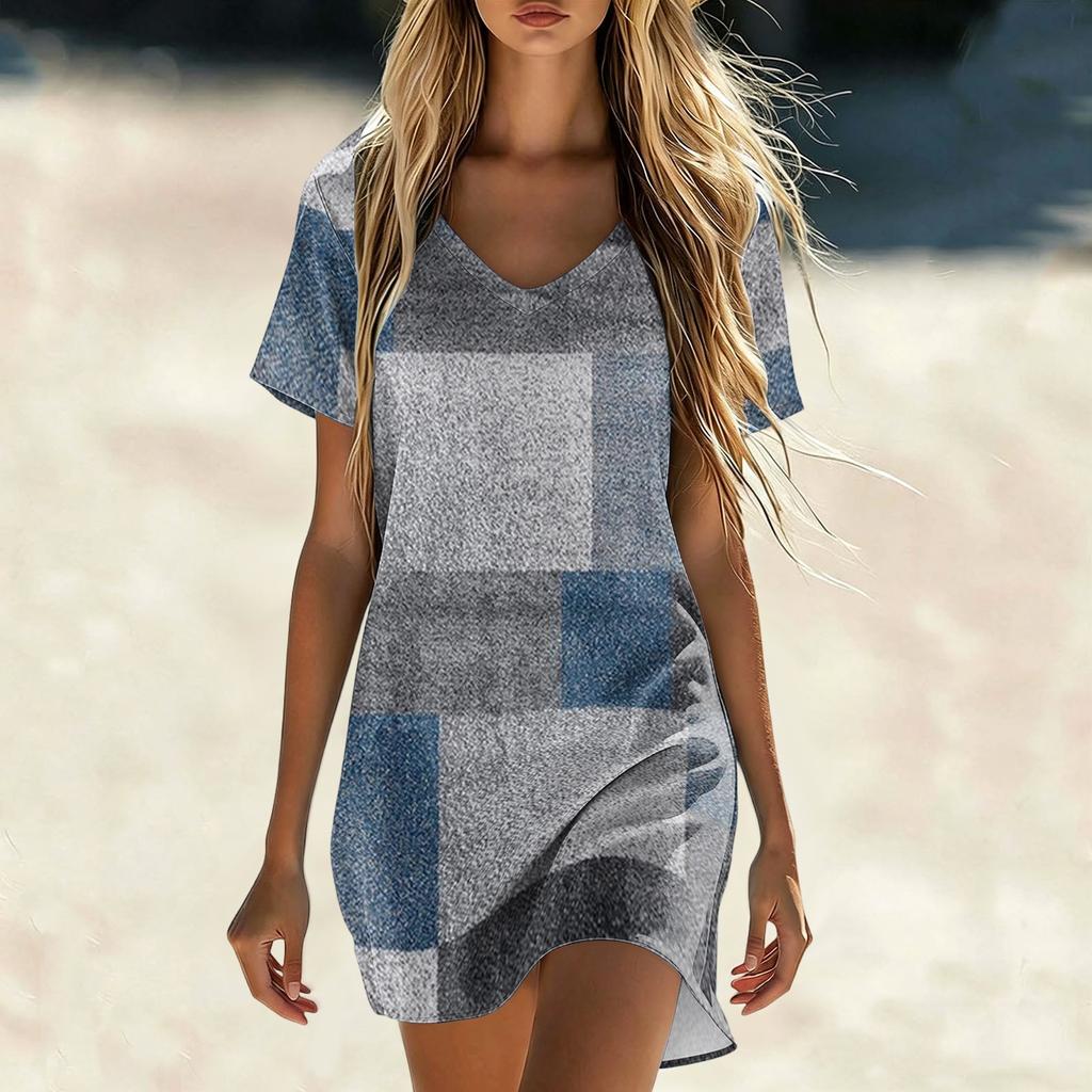 Women's Summer Casual V Neck Short Sleeve Vintage Plaid Print Loose Fit Mini Dress for Daily Wear Beach Vacation