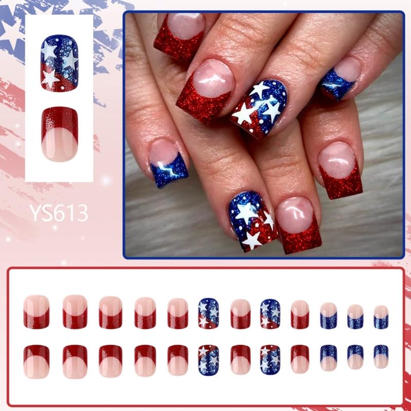 Square Short Fale Nail Festival Star Press on Nail Tips Nail Art Decoration for Women and Girls Manicure 24pcs