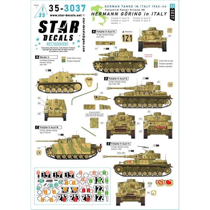 Star Decals 1/35 WW2 German Hermann Goring Division in Italy Panzer III IV Marder II Plastic Model Decals SD35-3037