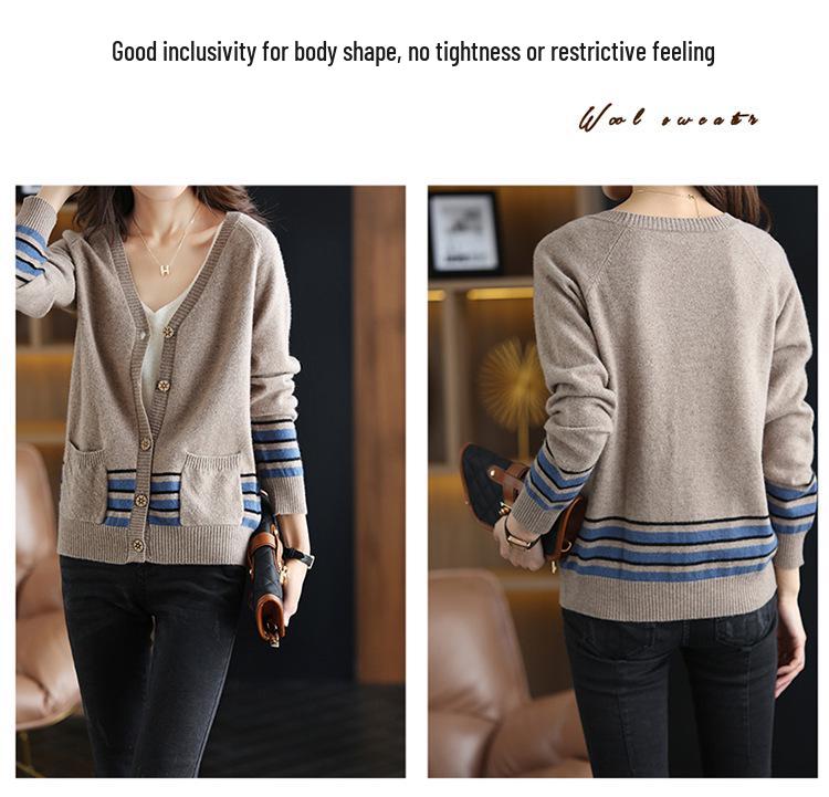 Women's Pure Cashmere Striped V-Neck Cardigan - Loose Fit Slimming Knit Sweater (100% Wool) for Autumn & Winter