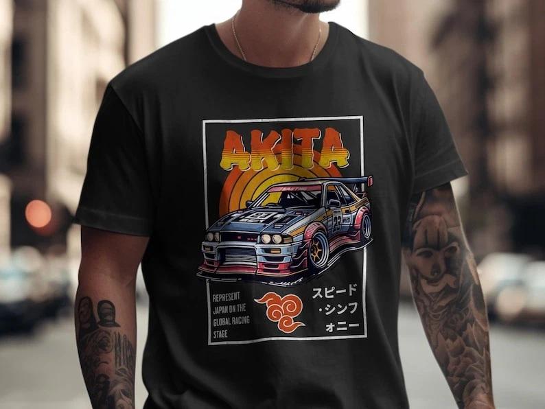Akita Racing Car T-Shirt, Retro Japanese JDM Gift For Japanese Car Culture Fans XXL
