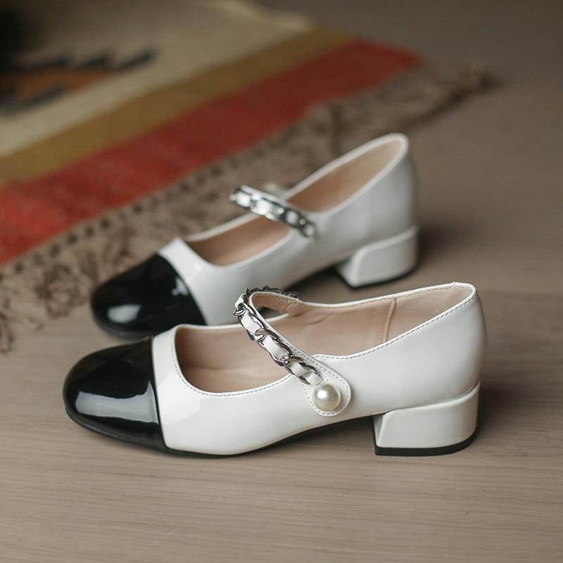 Mary Jane small leather shoes women's French retro color matching four-season thick heel princess style high heels single shoes 676-9