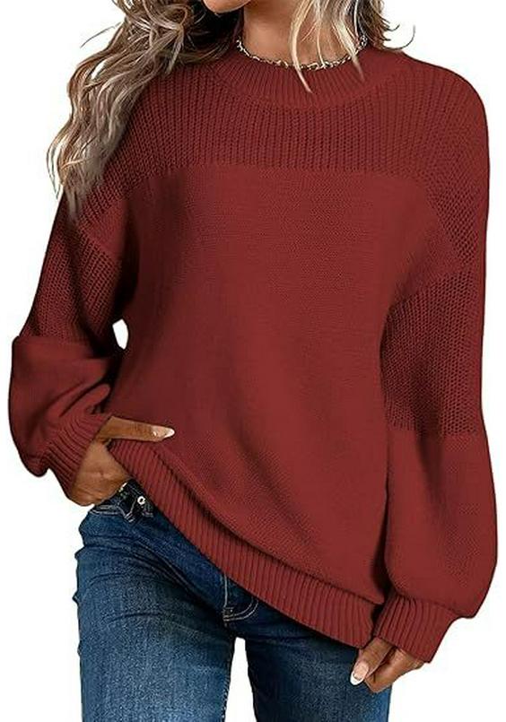 Women's Lantern Sleeve Round Neck Pullover Sweater
