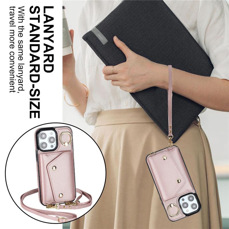Lanyard Leather Wallet Card Phone Case for iPhone 15 14 Plus 13 12 11 for Samsung Galaxy S23 Ultra S22 Plus S21 FE A54 A14 Note 20 Crossbody FlipCover