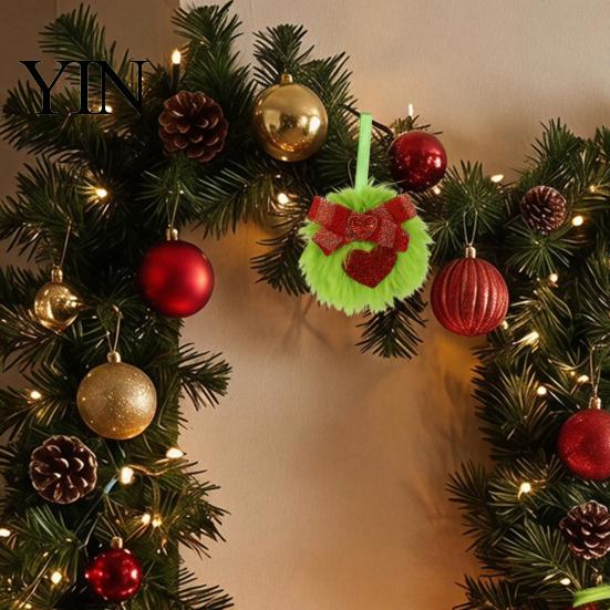 Glitter Bow Holiday Decorations Faux Fur Pom Poms Christmas Ornaments, 2.3 Inch Soft Fluffy Green Ball Hanging Cute Seasonal Decorative Accents
