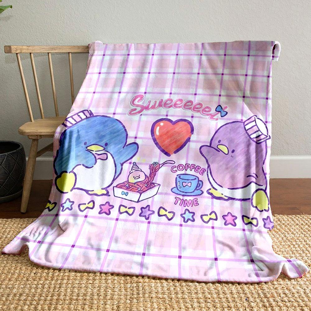 Cute penguins enjoying a meal with a heart motif and pastel checkered backdrop. for all seasons blanket lunch break throw gift