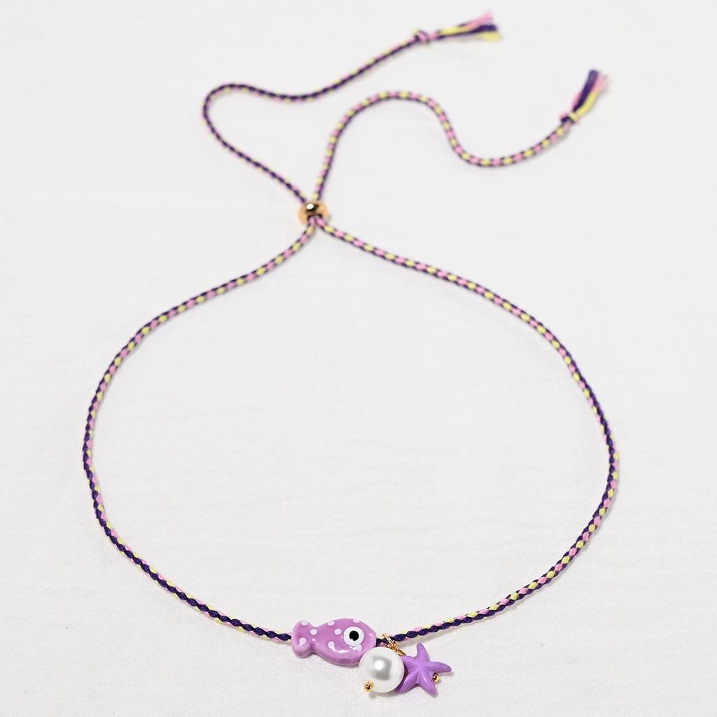 Colorful Bohemian Ceramic Fish Pendant Necklace for Women Adjustable Multicolored Rope Choker Jewelry for Summer Beach Vacation
