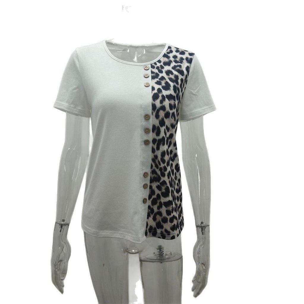 Leopard Print Round Neck Top: Elegant Short Sleeve T-shirt for Women, Casual Spring and Autumn Style 2025