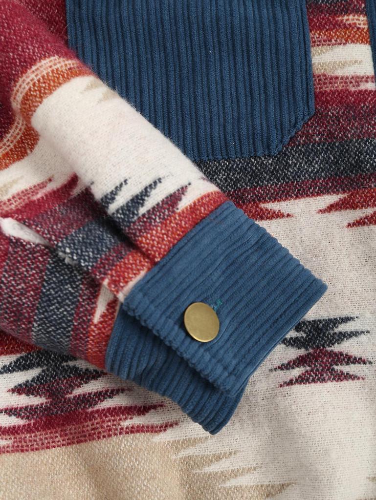 ZAFUL Women's Ethnic Aztec Tribal Geo Printed Corduroy Spliced Thermal Fleece Lined Wool Blend Jacket