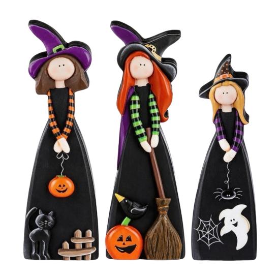 Unique Witch Collectible Figures Halloween Table Decoration, Cute Wooden Centerpiece, Farmhouse Autumn Ghost Pumpkin Black Cat Statues Ornament