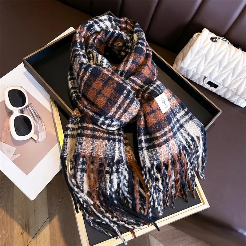 

Теплый кашемировый плед Женский Дорожный Зимний Шарф Модный Клетчатый Пашмина Толстая Шаль Накидки с Кисточками Повседневный Буфанда Пончо Новый 196x64cm