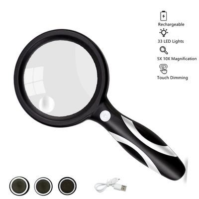 Handheld Illuminated Magnifier Large Lens Usb Rechargeable 5x 10x Magnifying Glasses With 33 Led Touch Switch Reading Amplifier