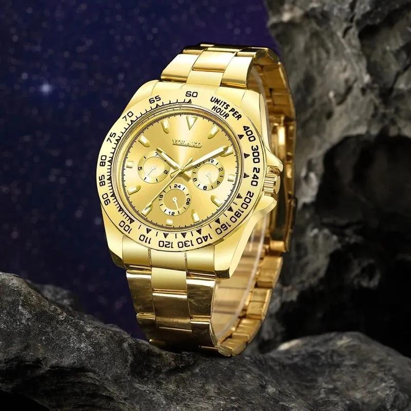 Mode Herren Edelstahl Uhren Luxus Gold Quarz Armbanduhr Kalender Uhr Männer Business Casual Uhr Armband