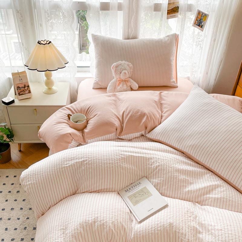 INS Seersucker Stripes Duvet Cover Pillowcases Flat Sheet Girls Bedding Set Washed Cotton Solid Color Bed Linen Single Size