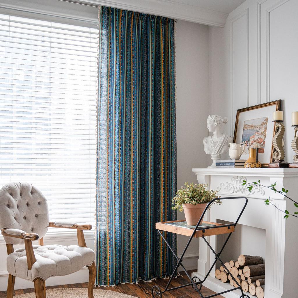 Curtain Finished Bohemian Stripe Printed Cotton and Linen Fabric Kitchen Curtain Semi-Blackout Feng Shui Curtain
