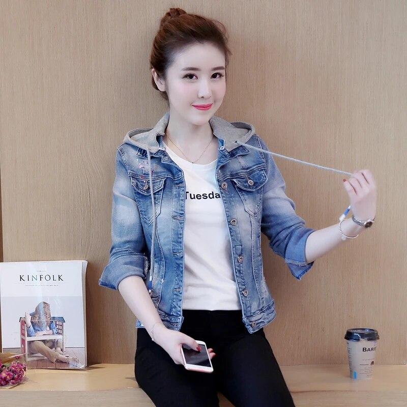 New Detachable Hooded Jeans Jackets Women Hole Jeans Coat Female Large Size Denim Jacket Spring Autumn Outwear Basic Jacket