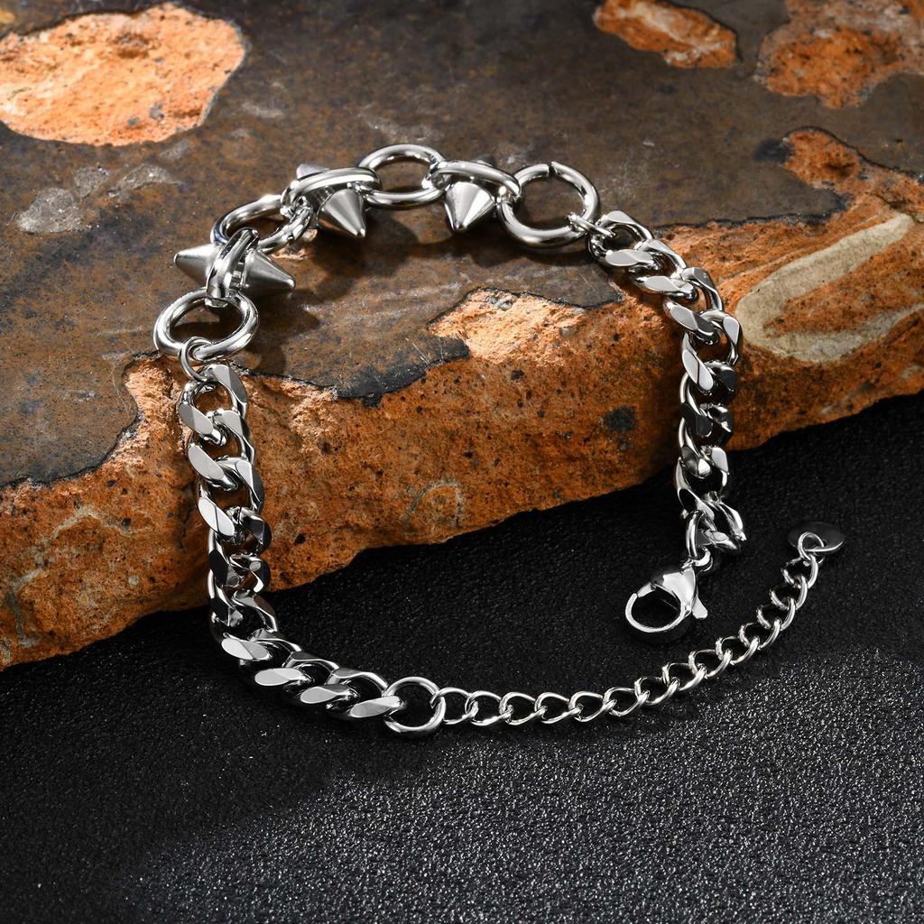 Punk Rivet Twisted Chain Stainless Steel Bracelet, Silver Color Chunky Wrist Chain Hip Hop Fashion Jewelry for Men Boys