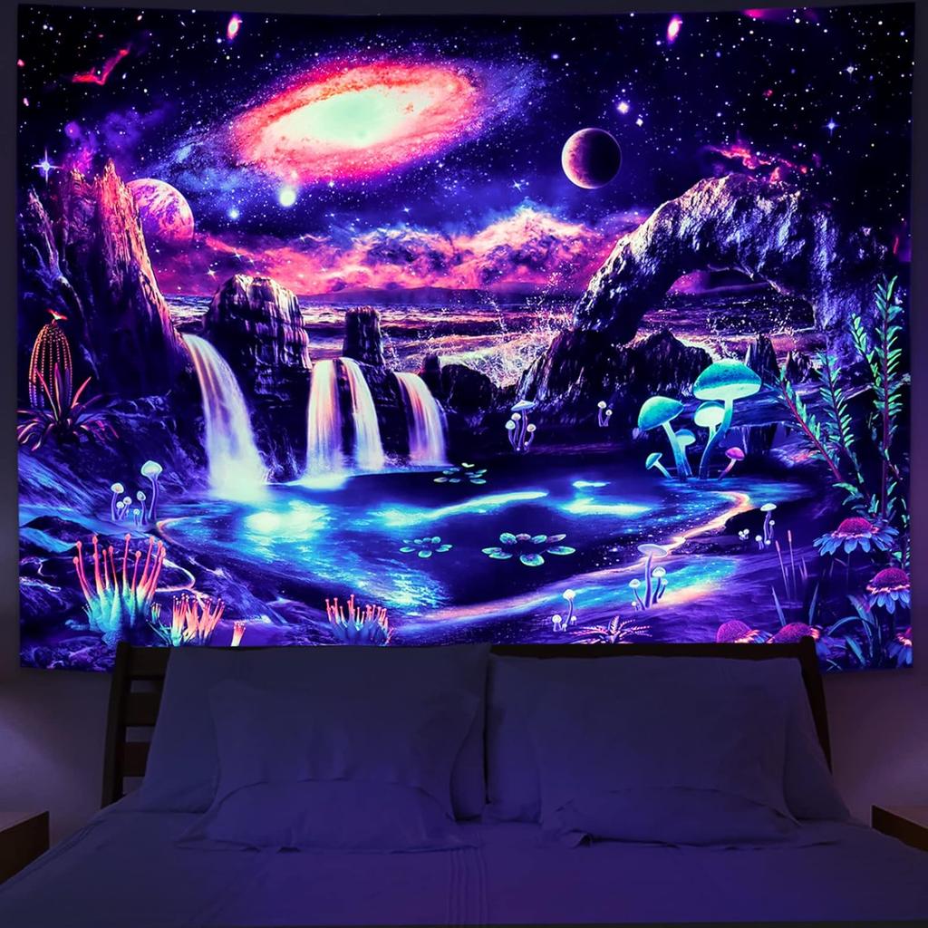Lahasbja Blacklight Galaxy Planet Tapestry UV Reactive Waterfall Landscape Tapestry Mountain Wave Wall Tapestries Neon Nebula Plants Wall Hanging for