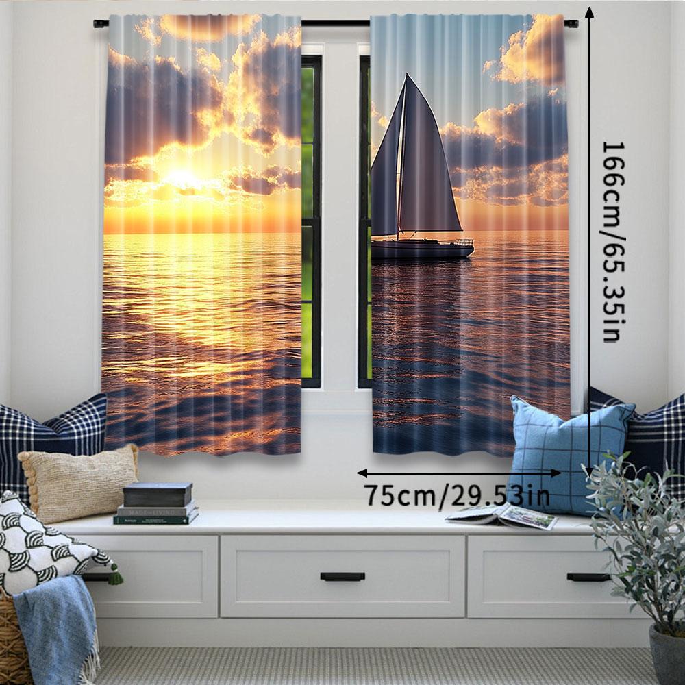 2Pcs Sea Sunrise And Sunset Scenery Curtains Ocean Sailboat Aesthetic Art Curtains Suitable For Bedroom Livingroom Store Hotel