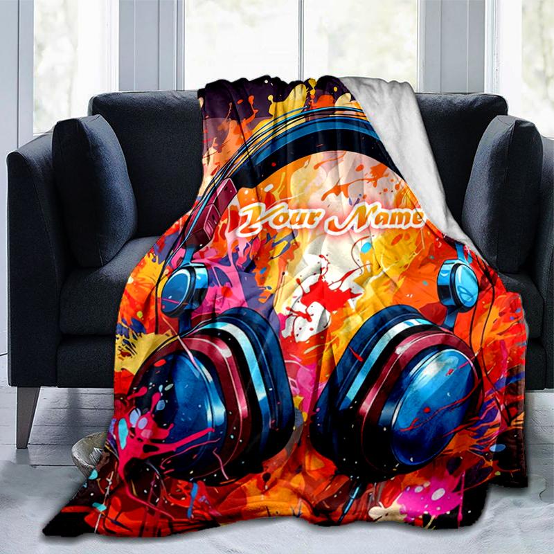 1PC Custom Name Music Headphones Artwork Flannel blankets Patterns Throw Blanket All-Season Soft Gift for Couch, Bed, Camping gifts