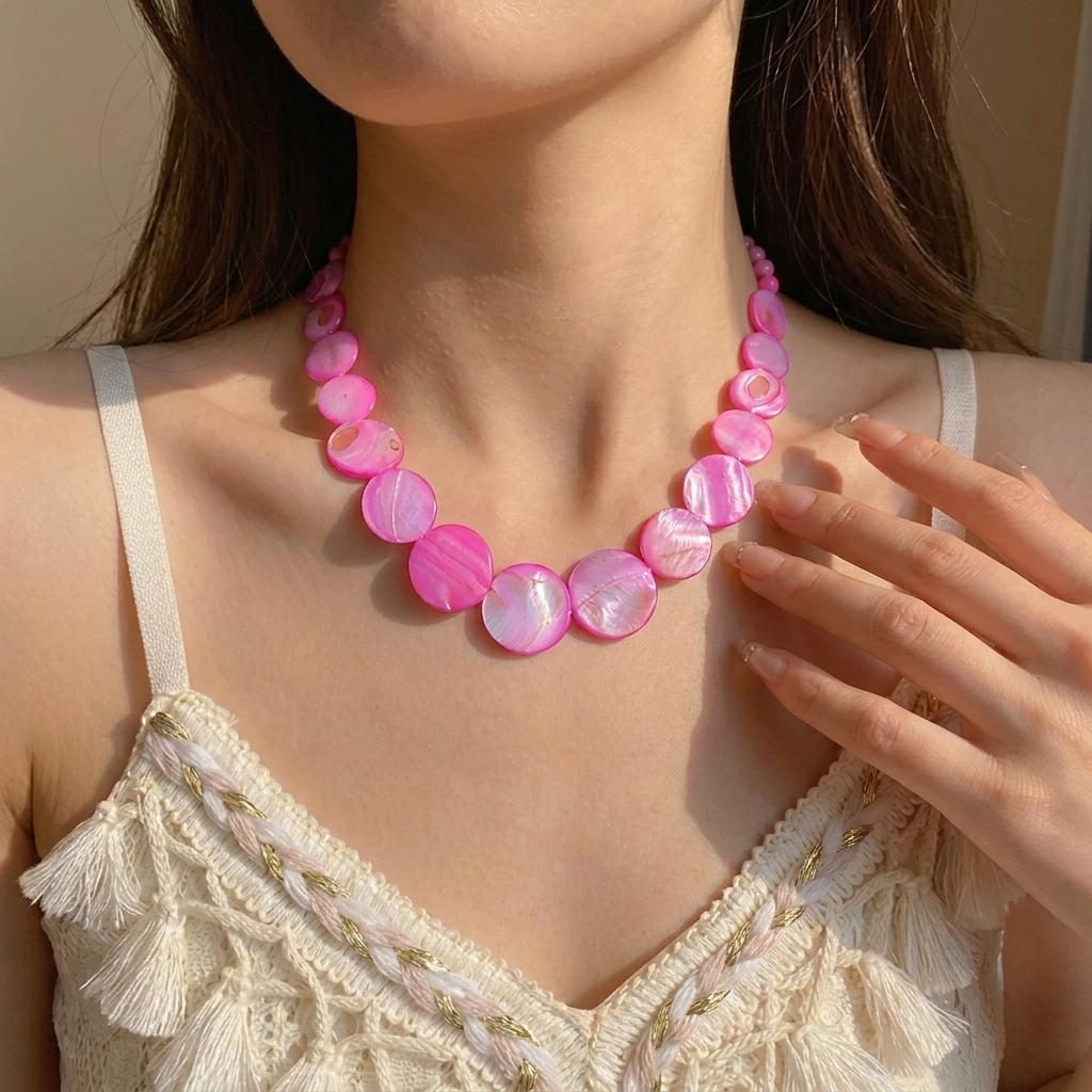Urlaubsstil Weißes Muschel-Scheiben-Halskette für Damen Luxuriöse Runde Muschel-Perlen-Schlüsselbein-Kette Minimalistischer Vielseitiger Schmuck