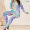 Women Plus Size Round Neck Long Sleeve Rainbow Printed Longline Top Fitted Pants Two Piece Set