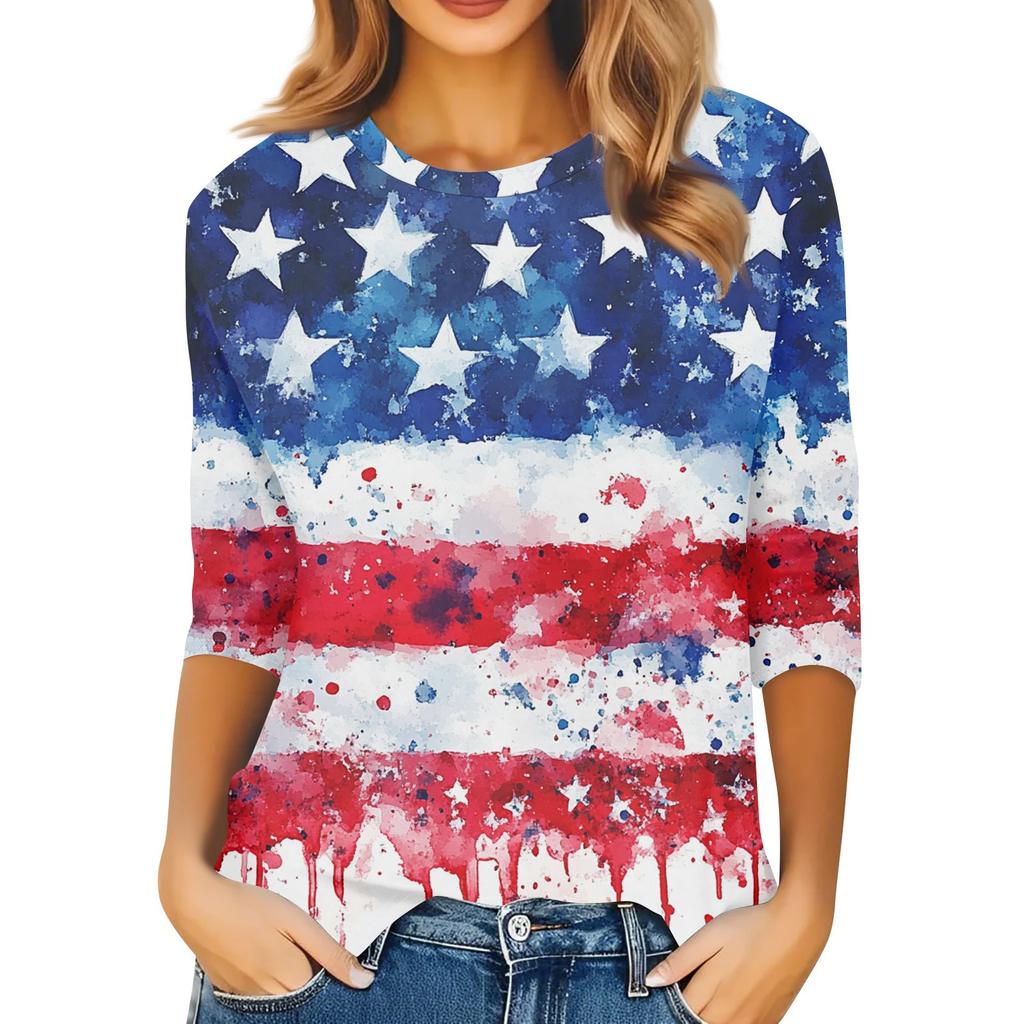 Damenmode Lässiges Rundhals-T-Shirt mit 3/4-Ärmeln und lockerem Aufdruck