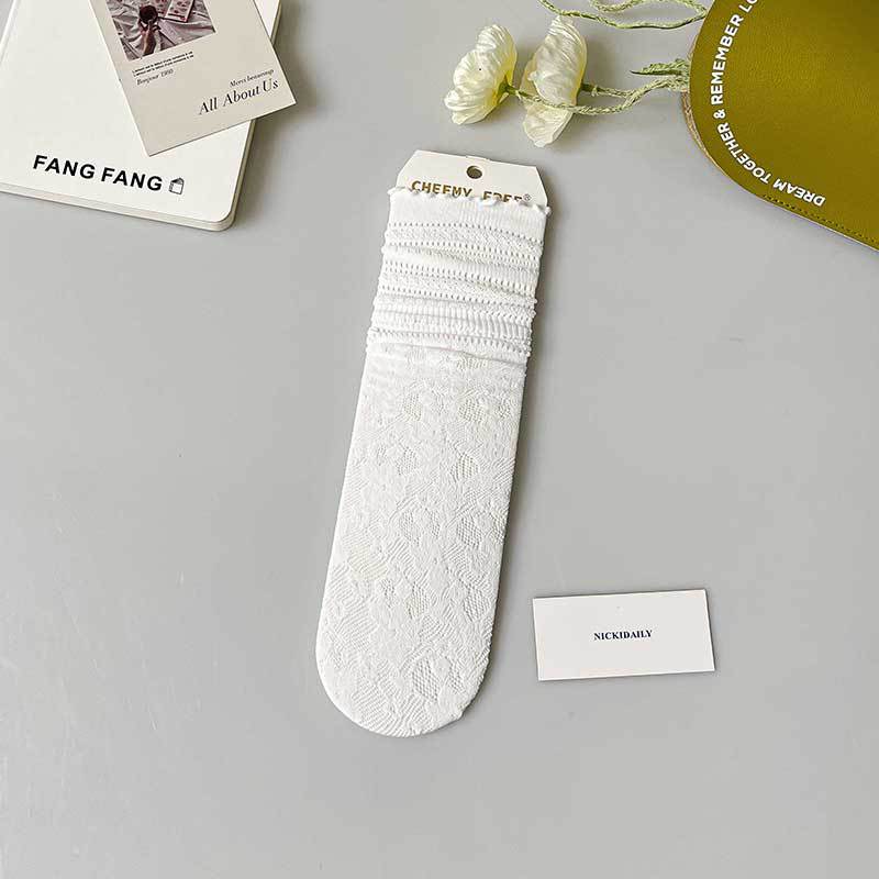 Lace Socks, Women's Hollow Mid-calf Socks, Mesh Sweat-absorbing, Black Fungus Edge Pile Socks, Spring and Summer Thin Style, Versatile, Solid Color