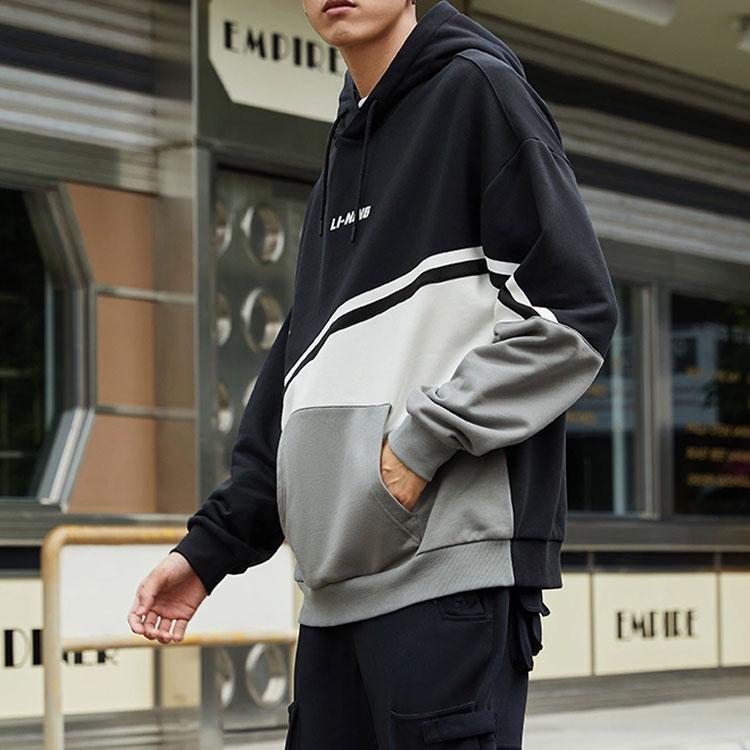 Li Ning Sports Lifestyle Series Embroidered Logo Color Block Fleece Pullover Hoodie Unisex Sweatshirt Black Gray AWDRB82-3