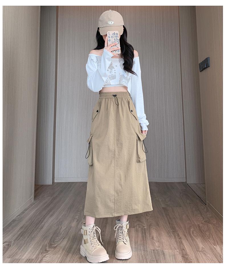 Women's High Waist A-Line Midi Skirt - Retro Workwear with Slit & Drawstring for Petite Figures, Spring & Autumn.